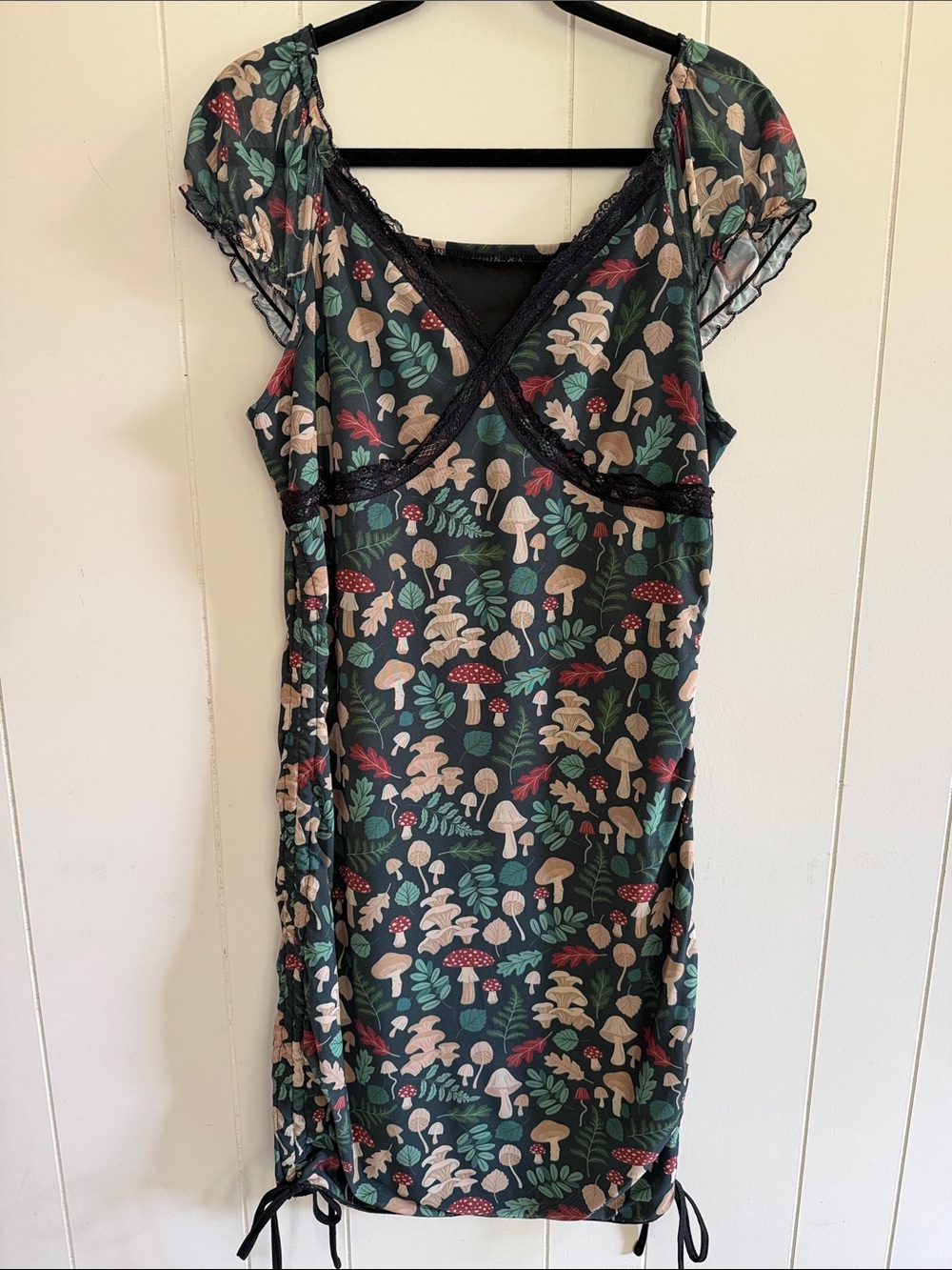 Fairycore Mushroom Print Drawstring Ruched Mini Dress Forest Garden Size XL